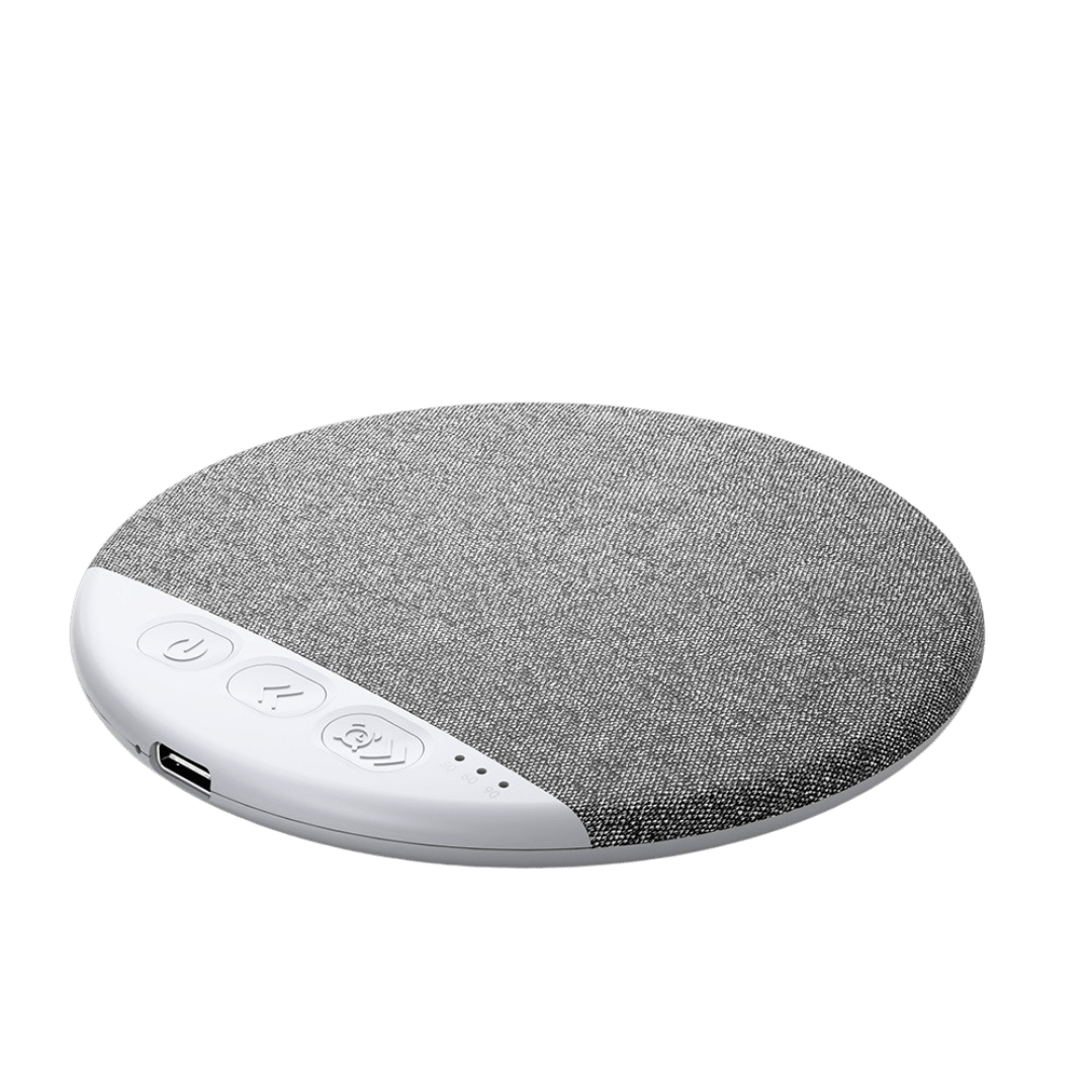 Round grey fabric compact sound machine