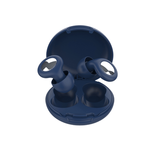 Navy reusable sleep earplugs in their open storage case