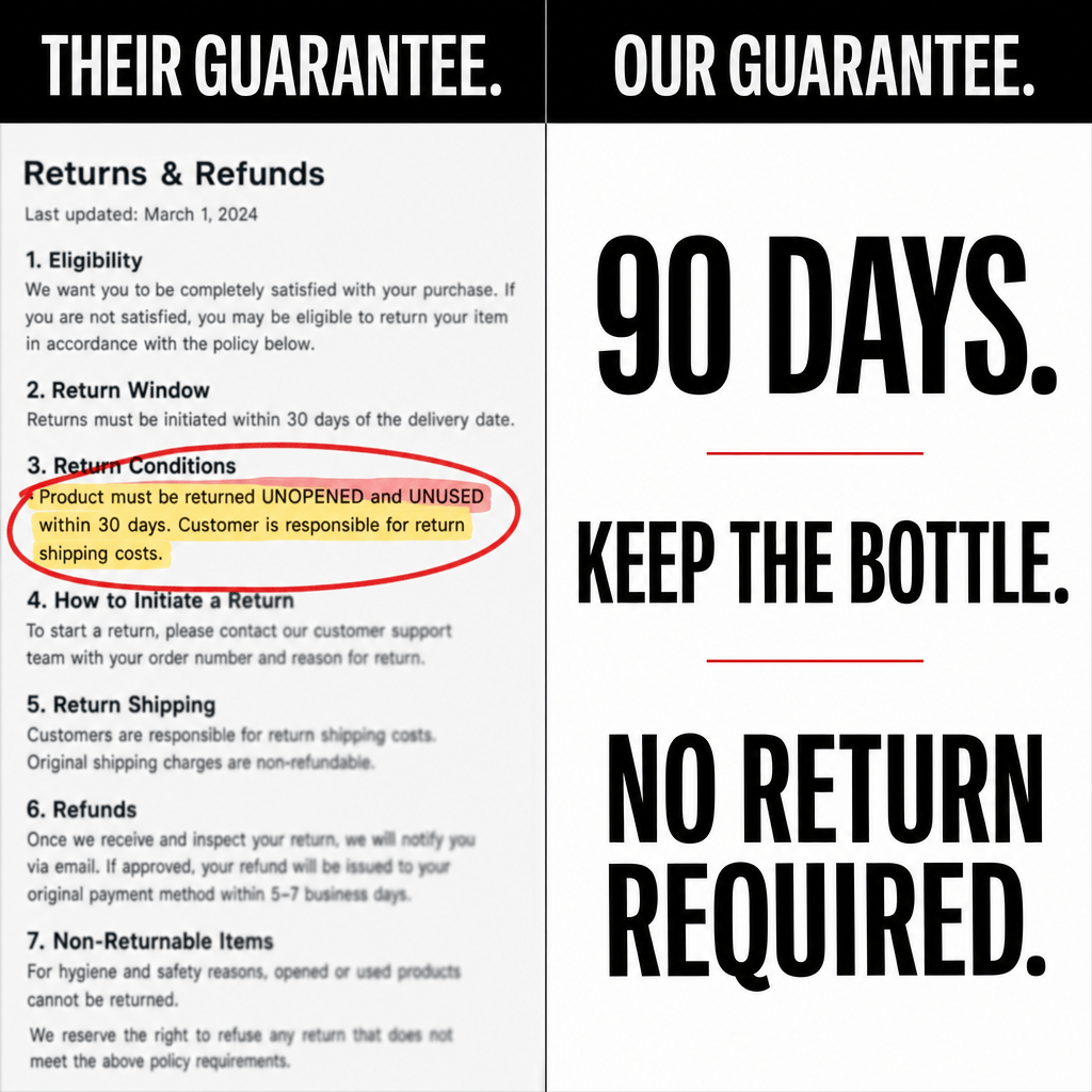 The 90-day, keep-the-bottle guarantee, stated plainly.