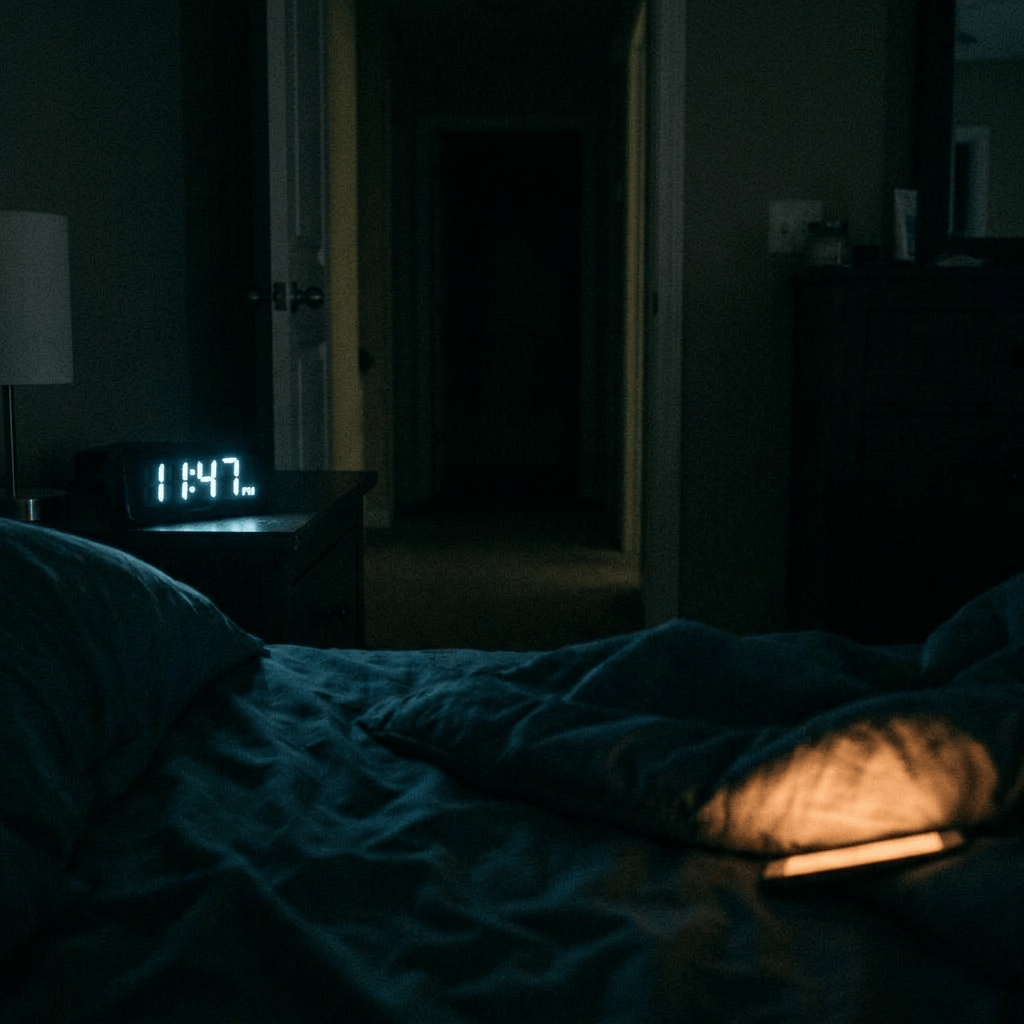 The same dark bedroom as before, the clock reading 11:47 PM — before another sleepless night.