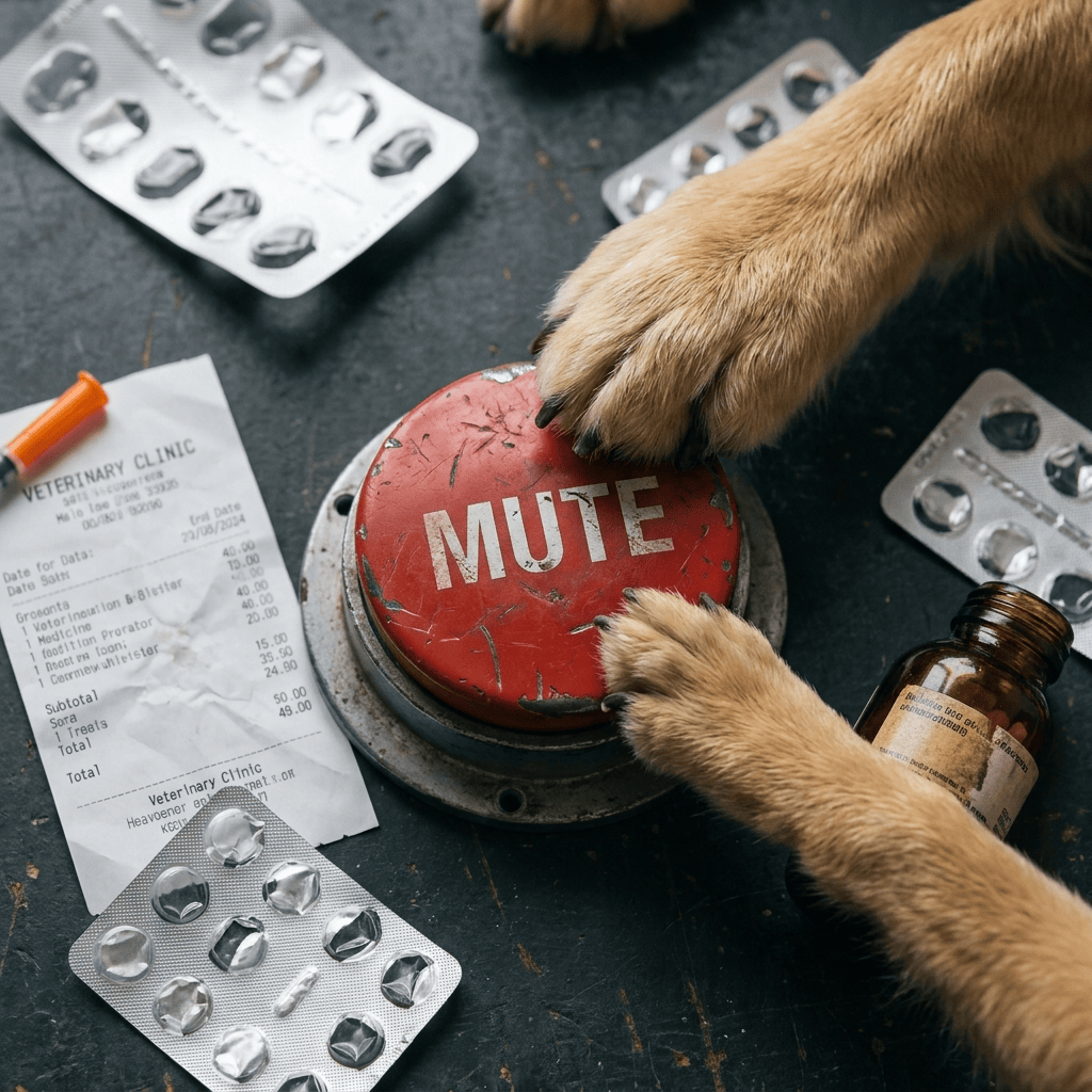 A dog's paw pressing a worn red MUTE button, surrounded by pills and a vet receipt.