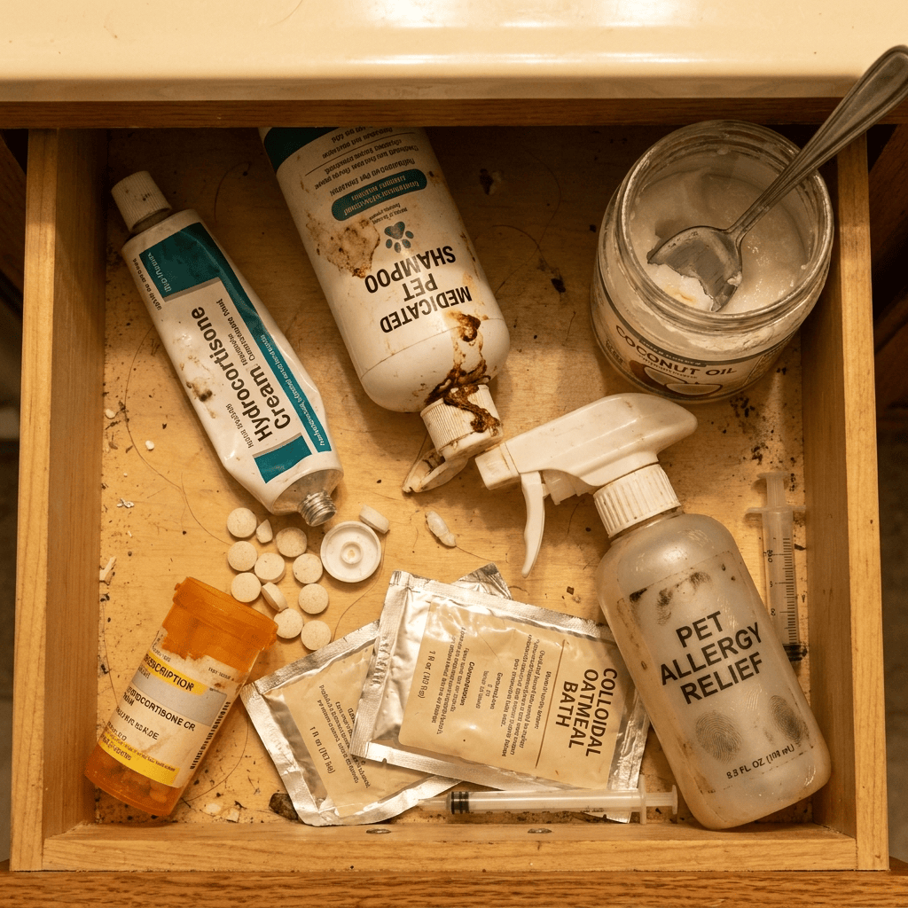An open drawer full of half-used tubes and bottles of dog treatments.