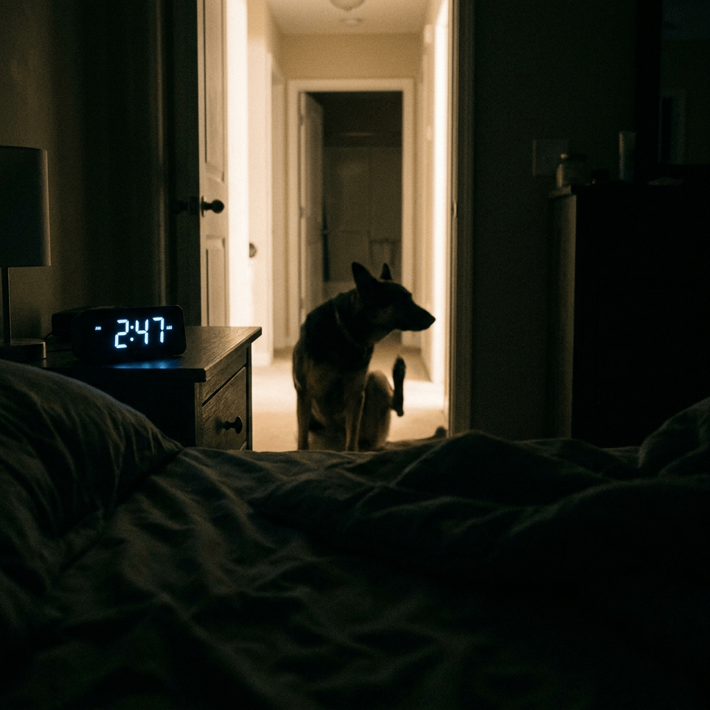 A dog scratching in a dark bedroom, a clock glowing in the small hours.