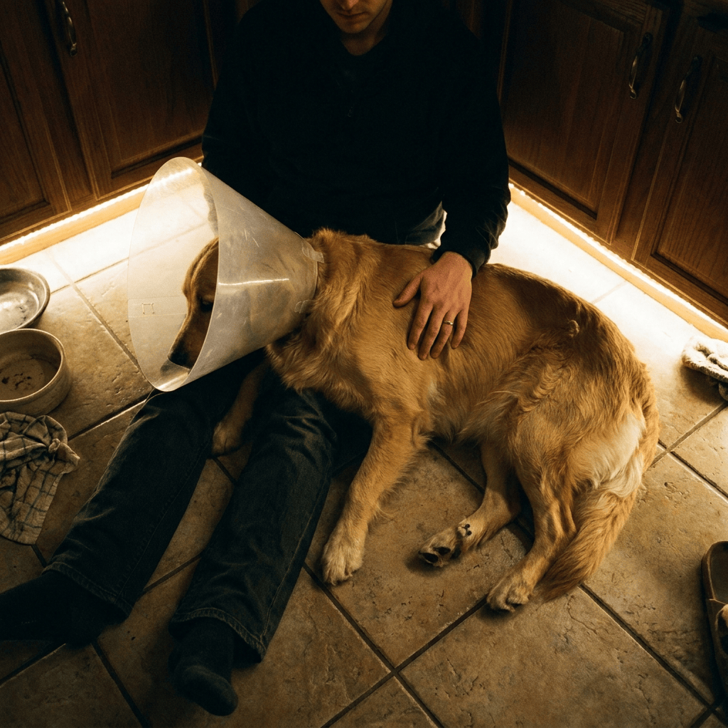 An owner on the kitchen floor at night with their coned dog resting across their lap.