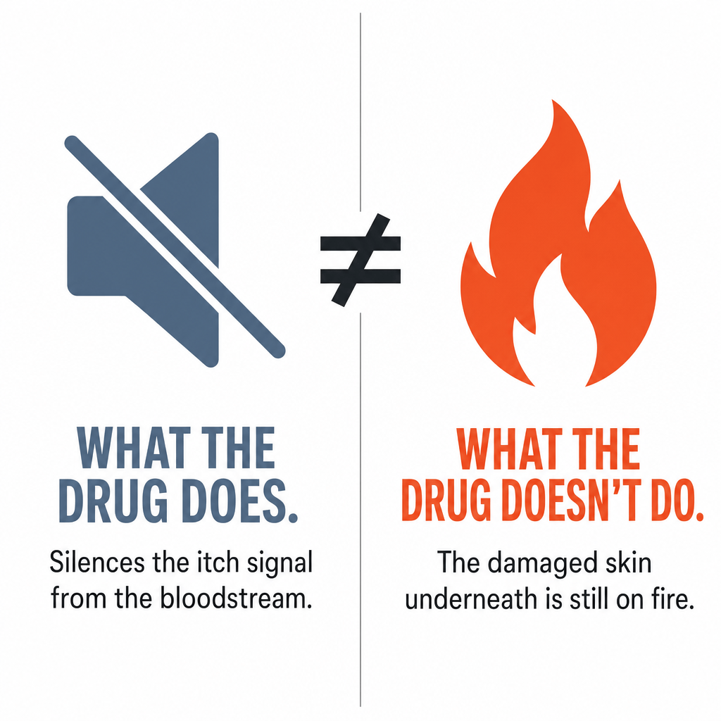 Infographic: the drug mutes the itch signal while the damaged skin underneath is still on fire.