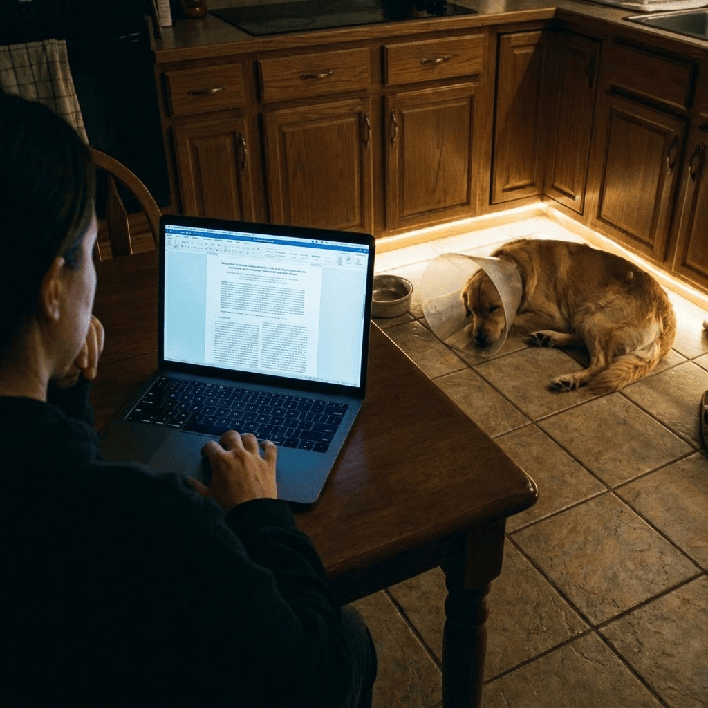 Veterinary dermatology studies stacked and gathering dust — the research was already there.
