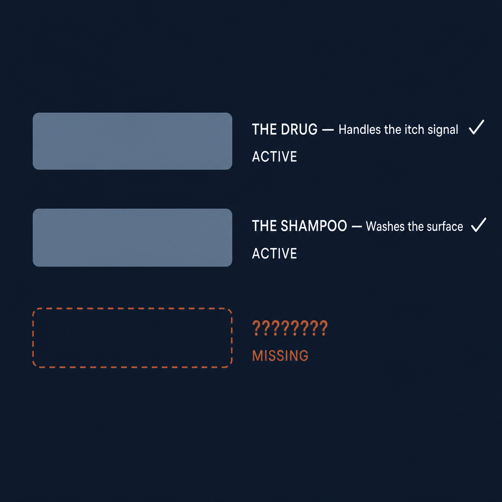 A three-layer system diagram with the drug and shampoo layers filled and the third layer missing.