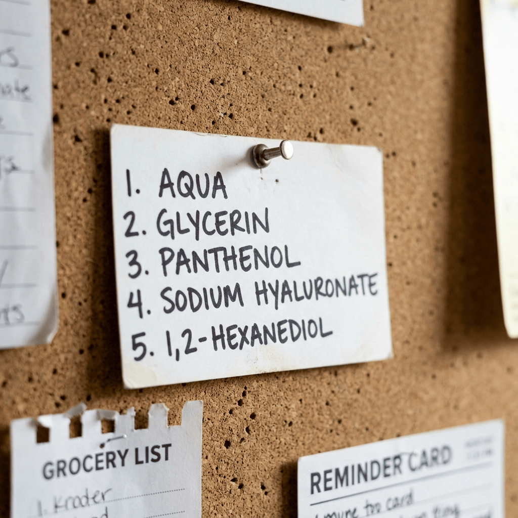 An index card listing the five ingredients: aqua, glycerin, panthenol, sodium hyaluronate, 1,2-hexanediol.
