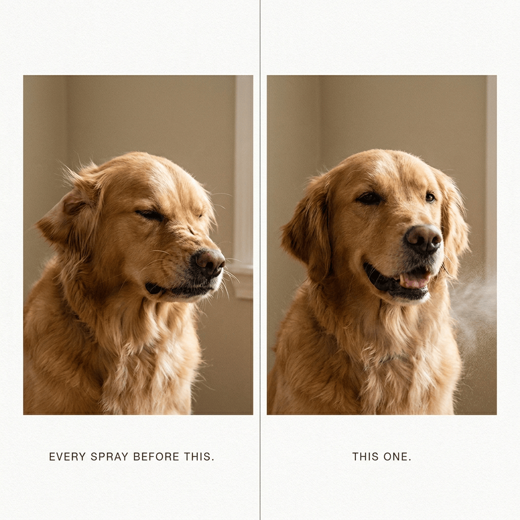 Split image: a dog flinching from an old spray versus the same dog calm and unbothered.