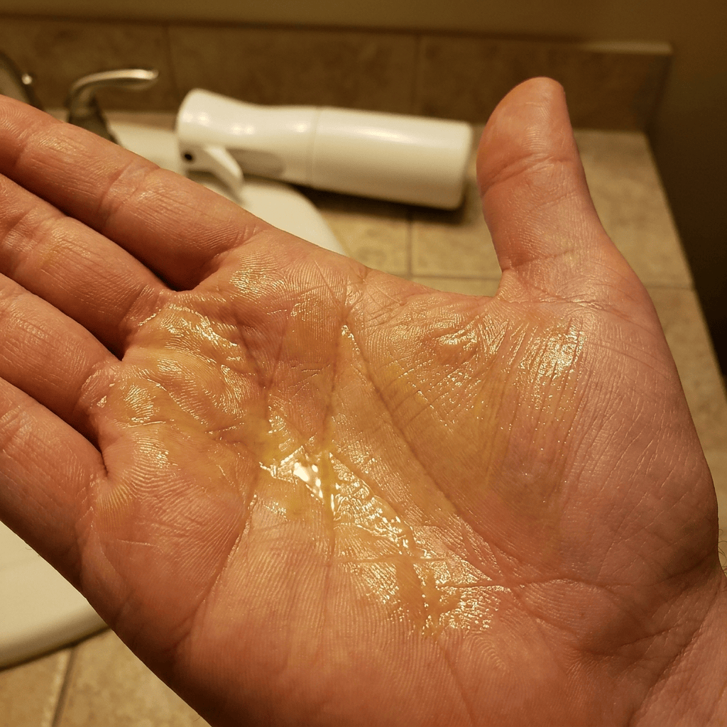 A close-up of greasy spray residue on a hand, a discarded spray bottle out of focus behind it.