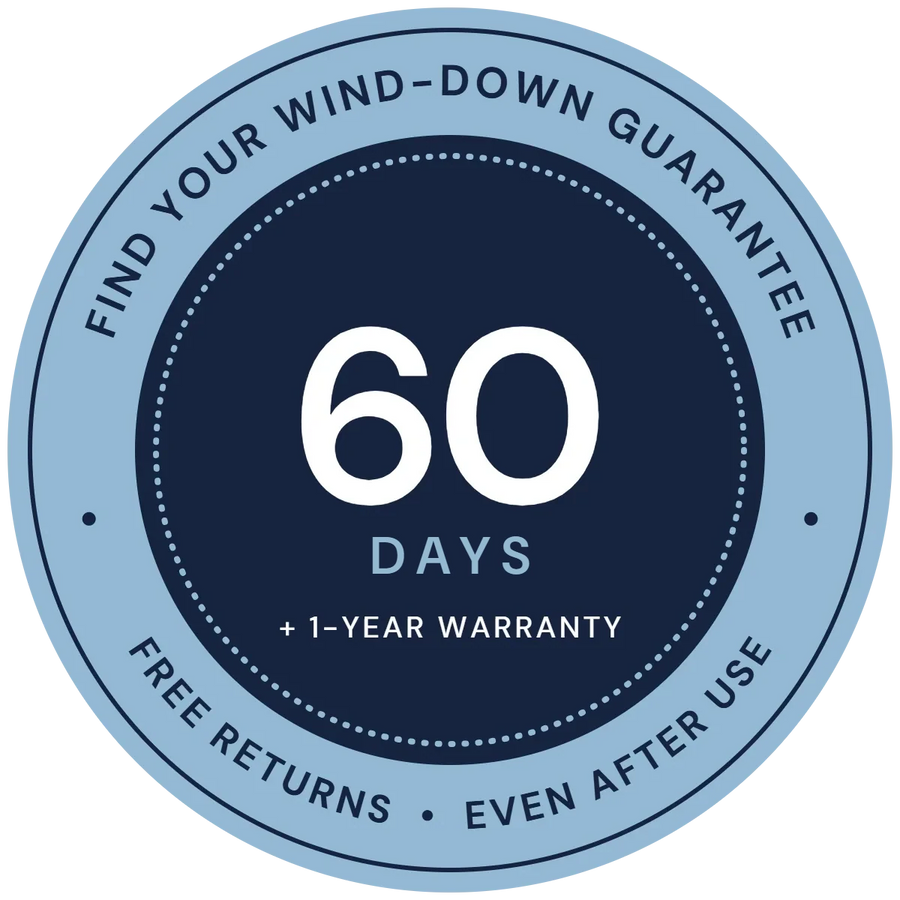 Wyntrol PocketEase 60-Day Find Your Wind-Down Guarantee seal: free returns even after use, plus a 1-year warranty