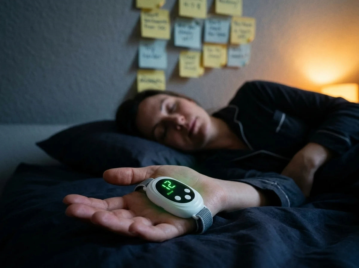 Woman resting in bed with eyes closed, PocketEase glowing in Sleep mode in her open palm, sticky notes blurred on the wall behind